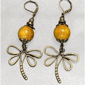 HANDMADE  CRAFTED EARRINGS

Antique Bronze Dragonfly Earrings with Yellow Beads